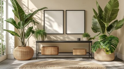 Modern Minimalist Interior with Elegant Plants and Empty Frames