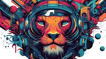 Colorful illustration of a lion in a space helmet, surrounded by abstract cosmic elements