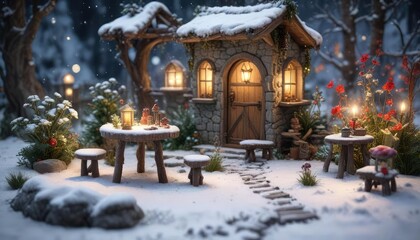 Fototapeta premium Snowy fairy garden with tiny furniture and decorations, winter wonderland, fairy