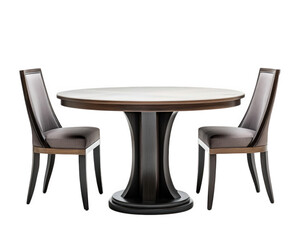 round hotel dining table with two elegant chairs, perfect for intimate gatherings. sleek design and neutral colors create sophisticated atmosphere