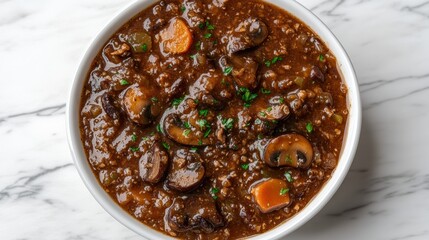 Rich and Hearty Mushroom Stew in White Bowl on Marble Surface