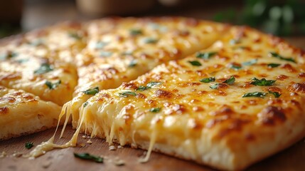 Deliciously melted cheese pizza with fresh herbs on a wooden table, inviting and appetizing