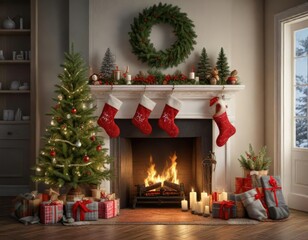 Pine Christmas Tree with a mantel and stockings, stockings by the fireplace, wintery home decor, evergreen tree in room