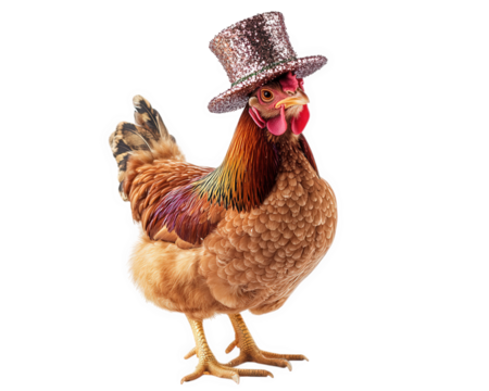 chicken wearing glittery top hat, standing proudly against transparency background, adds whimsical touch to any design