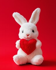 Plush Rabbit Holding Red Heart on Solid Red Background