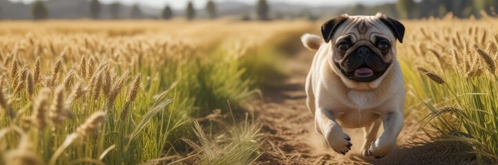 Fototapeta premium Pug running freely in a wheat field with shades on its face , , wildlife