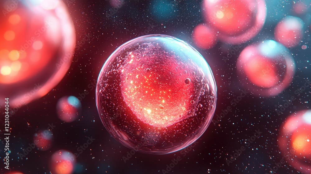 Poster glowing red orb within a transparent sphere surrounded by space dust