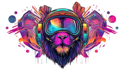 Colorful illustration of a lion wearing a futuristic helmet, surrounded by vibrant cosmic elements
