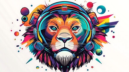 Colorful illustration of a lion wearing a space helmet, surrounded by abstract shapes and vibrant colors