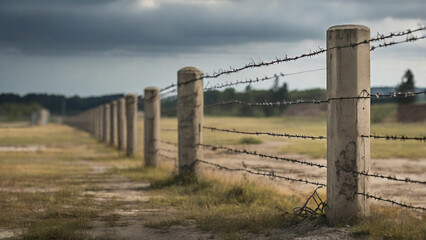 Fototapeta premium Barbed wire with concrete pillars