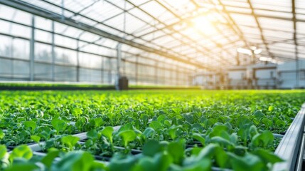 An advanced agricultural research greenhouse, expansive scene with automated farming equipment and lush crops, Agri-tech style