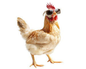 chicken wearing sunglasses stands confidently, showcasing fun and playful vibe. This quirky image captures essence of humor and creativity in animal photography