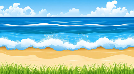 Fototapeta premium Ocean waves and sandy beach with grassy foreground