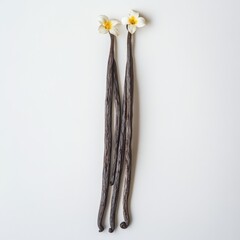 Two vanilla beans with flowers on top, arranged vertically on a white background.