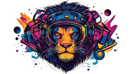 Colorful illustration of a lion wearing a space helmet, surrounded by vibrant abstract shapes