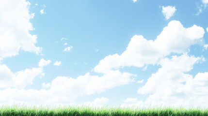 Fototapeta premium Green grass under bright blue sky with clouds