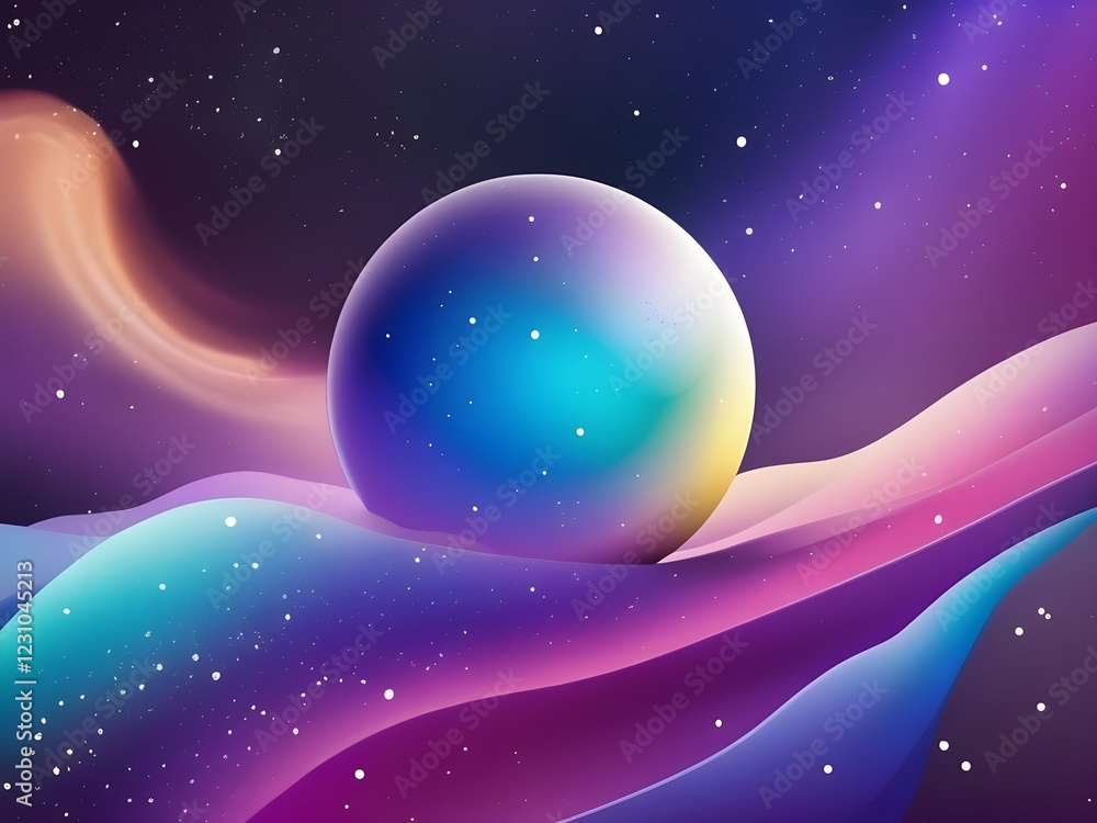 Wall mural a mesmerizing sphere rests on colorful, undulating waves, creating a dreamy, cosmic atmosphere. star