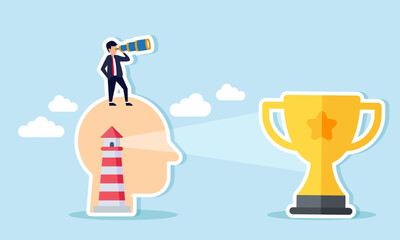 A businessman peering through a telescope from atop a head containing a lighthouse, its light shining on a trophy ahead, illustration of analyst in a strategy to become a leading company