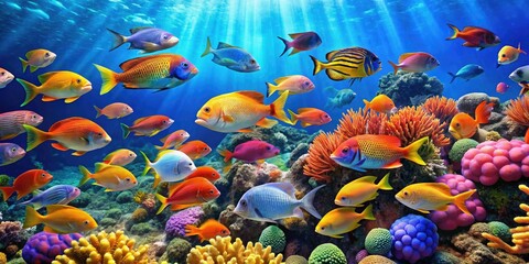School of colorful fish swimming together in a coral reef environment, aquatic animals, marine biodiversity, coral reef, oceanic ecosystem, reef habitat