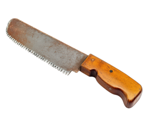 hand saw with wooden handle and rusty blade, ideal for woodworking tasks. This tool is essential for cutting various materials with precision and ease