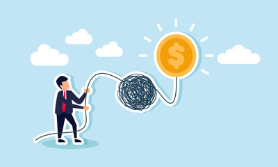 A businessman holds a complex rope connected to a glowing dollar coin, illustration of idealism in business financial mindset