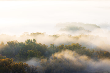 Fog laying low in river valley on autumn morning Gunnison, Colorado