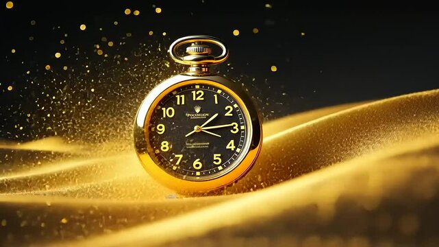 Clock Emerging from Golden Sand in Captivating Time Concept