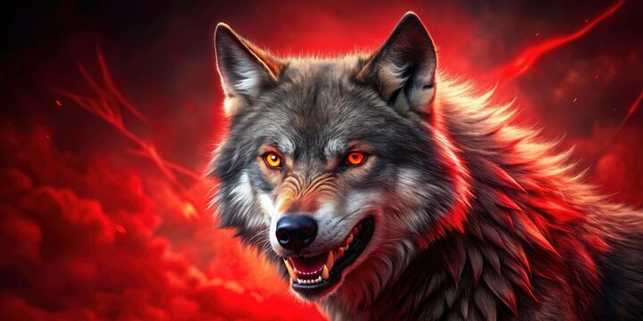 Fierce Wolf with Red Eyes and Teeth Against a Fiery Red Background - Captivating Animal Art for Nature Lovers, Wildlife Enthusiasts, and Horror Aficionados
