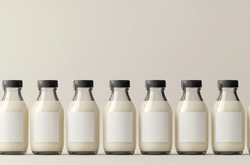 Row of glass bottles with blank labels filled with creamy liquid on beige background.