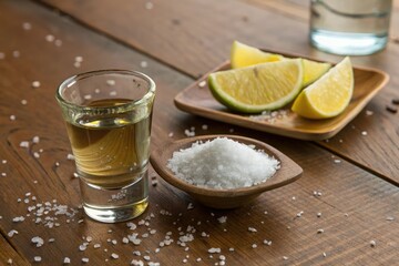 Fototapeta premium shot of tequila on wooden table with salt and lemon, salty rim, wooden surface, drink, modern furniture
