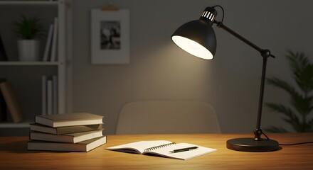 Obraz premium Desk lamp illuminates books notepad and pen in a quiet study