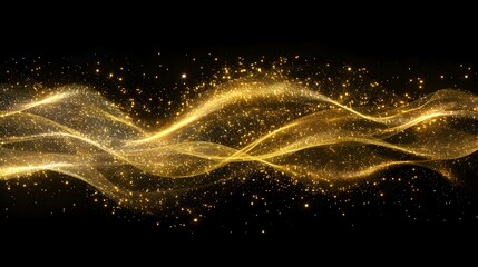 A shimmering golden wave pattern with sparkling particles on a black background.