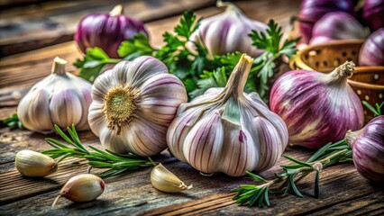 Fresh Garlic on Wooden Table - Rustic Food Photography for Culinary Uses, Healthy Ingredients, Cooking Essentials, Organic Flavor Enhancer, Kitchen Decor, Natural Lighting, Gourmet Meals