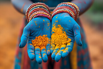 Close-up of hands holding vibrant Holi powder, symbolizing festive celebration and unity