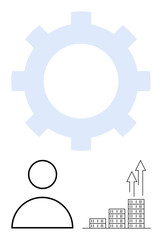 Large gear alongside user icon and ascending buildings with arrows. Ideal for teamwork, innovation, growth, development, business expansion, management, and abstract line flat metaphor