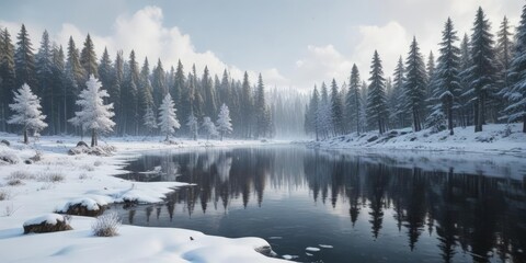 Obraz premium Snowy forest with frozen lake and snow-covered trees, icy waters, frozen lake