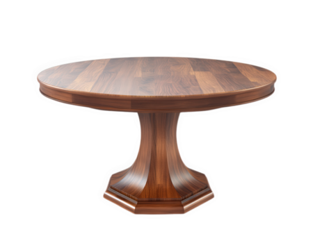 round wooden dining table with polished finish, showcasing elegant craftsmanship and sturdy pedestal base, perfect for dining and gatherings