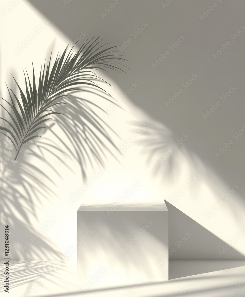 Poster minimalist white cube product display with palm leaf shadow and sunlight.