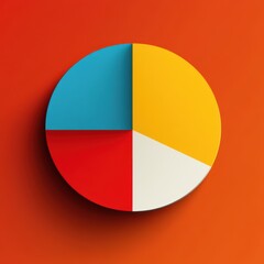 Fototapeta premium Colorful Circular Three-Segment Pie Chart on a Vibrant Orange Background Illustrating Data Distribution in Distinct Blue, Yellow, and Red Sections