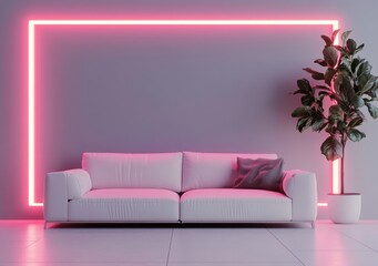 Minimalist living room with white sofa, pink neon light, and plant.