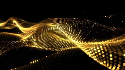 Abstract golden wave pattern with flowing lines and dots on a dark background.