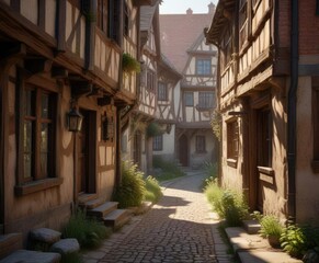 Fototapeta premium Soft morning light peeks through the gaps of half-timbered houses, sunrise, harvest, rural