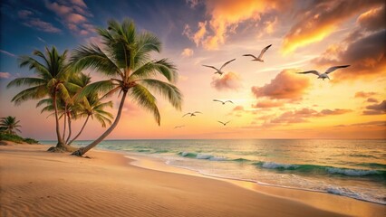Obraz premium Soft peach sandy beach with a few palm trees and seagulls flying in the sky, serene atmosphere, calm environment, natural scenery