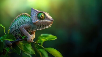 Green Chameleon on Lush Tropical Foliage