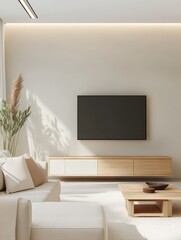 Minimalist living room with light beige sofa, wooden TV stand, flat screen TV, and pampas grass.
