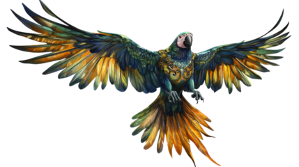 Colorful parrot flying with open wings on transparent background