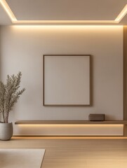 Minimalist interior design with wooden shelf, square frame, and plant.
