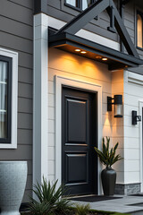 Modern House Exterior: Elegant Entrance Design with Gray Siding and Black Door. Real Estate Photography