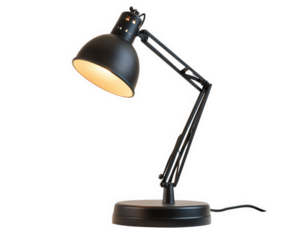 black desk lamp with adjustable arm and warm light, perfect for workspaces or reading areas. Its sleek design adds modern touch to any room