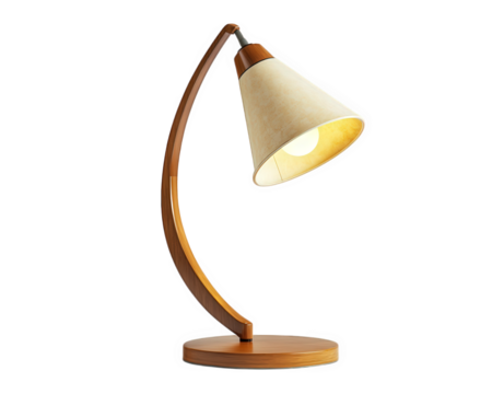 Mid century modern lamp with wooden base and conical shade, perfect for adding stylish touch to any room. Its warm light creates cozy atmosphere